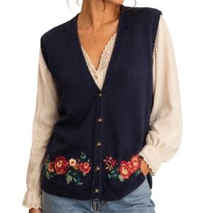 Vintage 90s Navy Floral Embroidered Knit Sweater Vest Cottagecore Grannycore SM